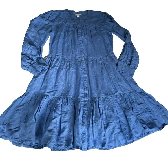 Sundance Elderflower Linen Blend Tiered Dress Size M Blue Long Sleeve Tie Belt - Picture 3 of 16